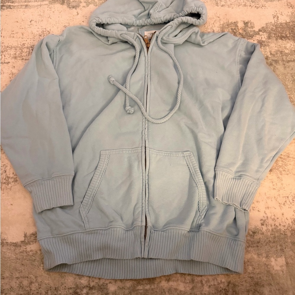 American Eagle Outfitters Light Blue Zip Hoodie with Gold Zipper